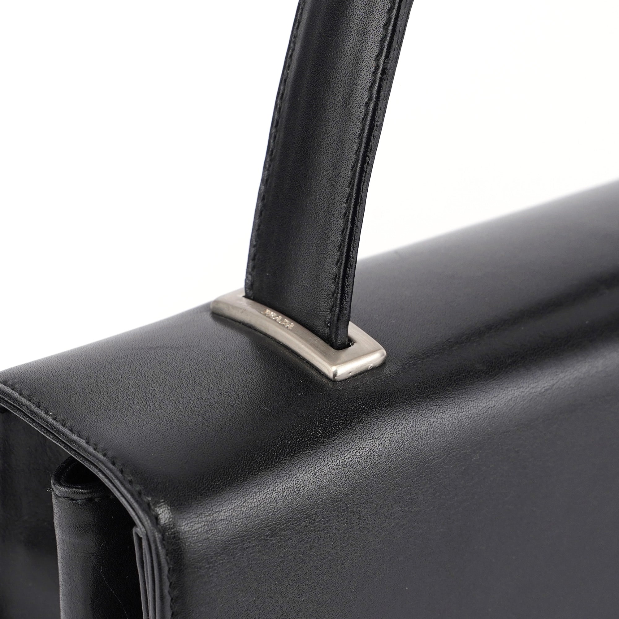 Black Calfskin Flap Top Handle Bag