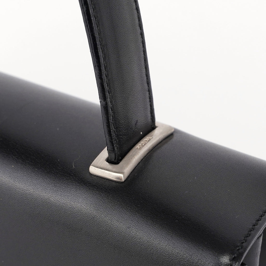 Black Calfskin Flap Top Handle Bag