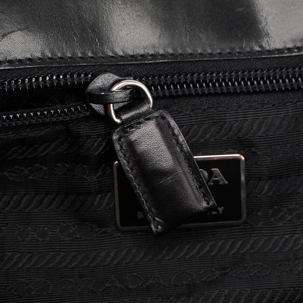 Black Calfskin Flap Top Handle Bag