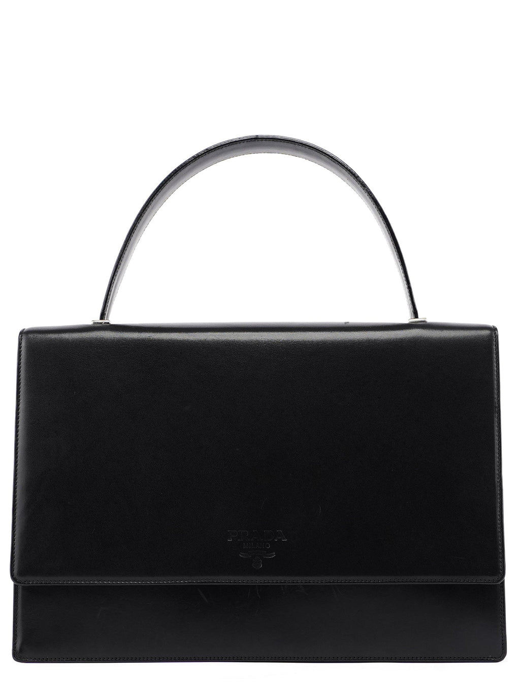 Black Calfskin Flap Top Handle Bag