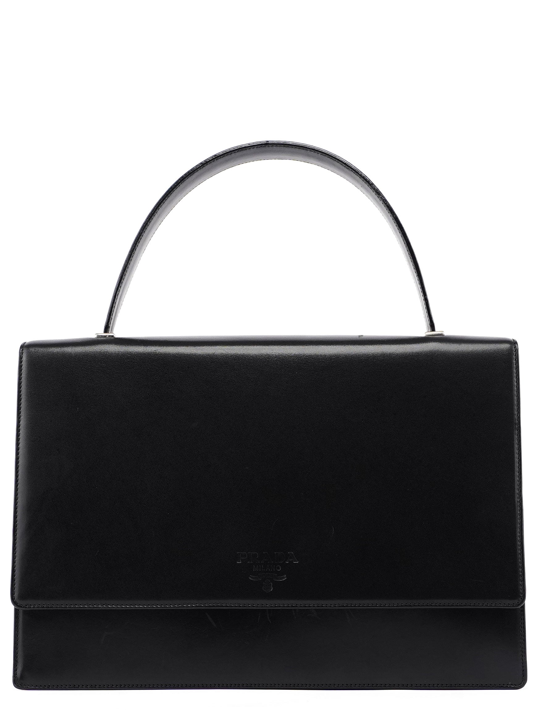 Black Calfskin Flap Top Handle Bag