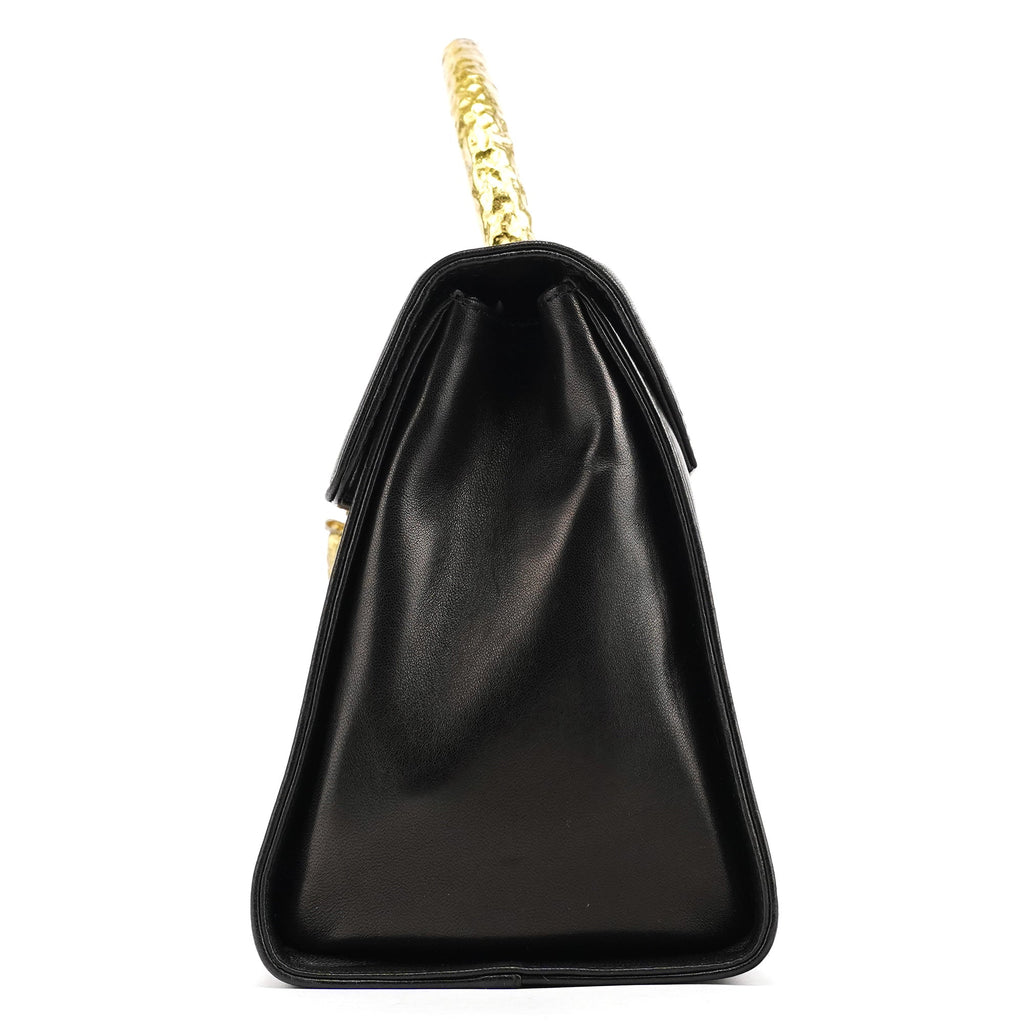 Black Leather Gold Top Handle Bag