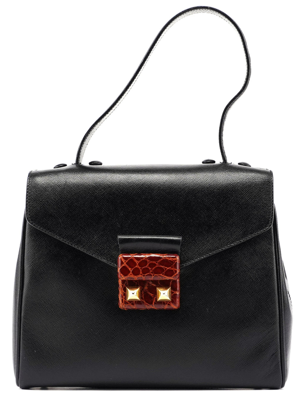 Black Saffiano Croc Embossed Top Handle Bag