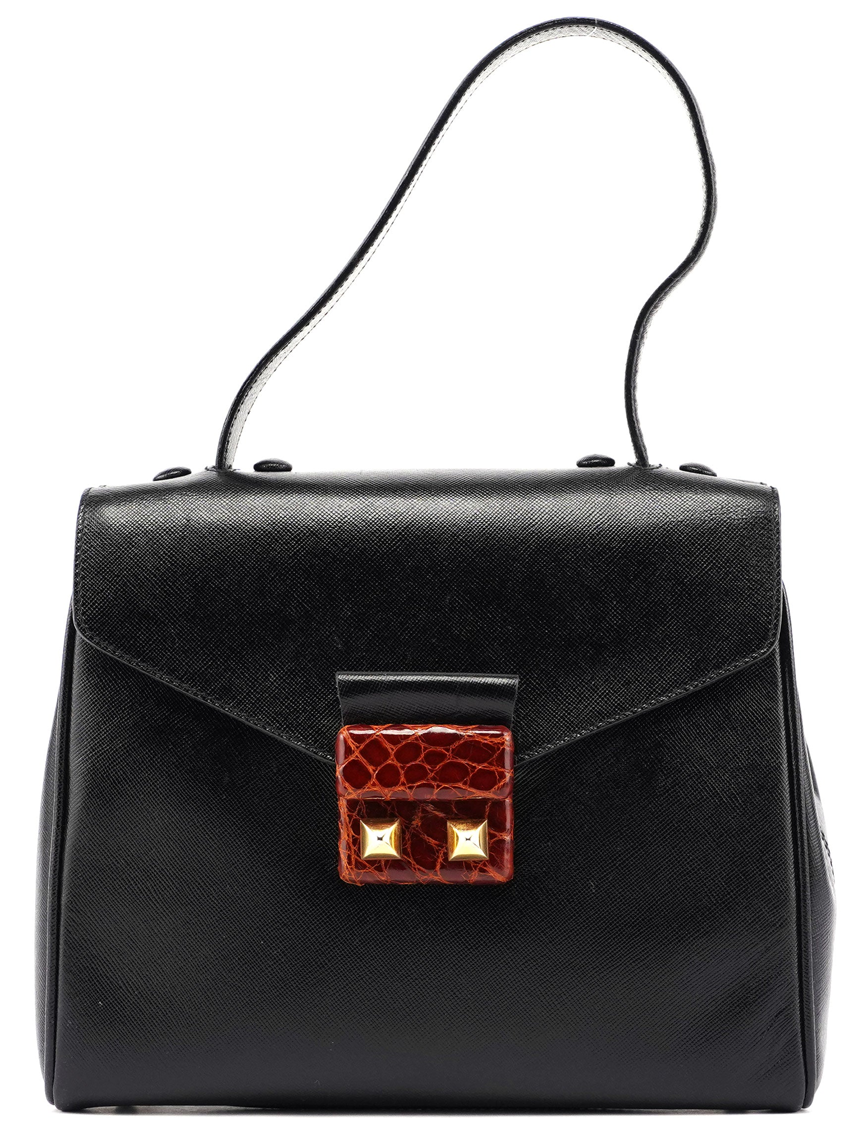 Black Saffiano Croc Embossed Top Handle Bag