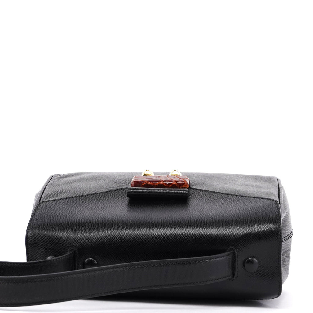 Black Saffiano Croc Embossed Top Handle Bag