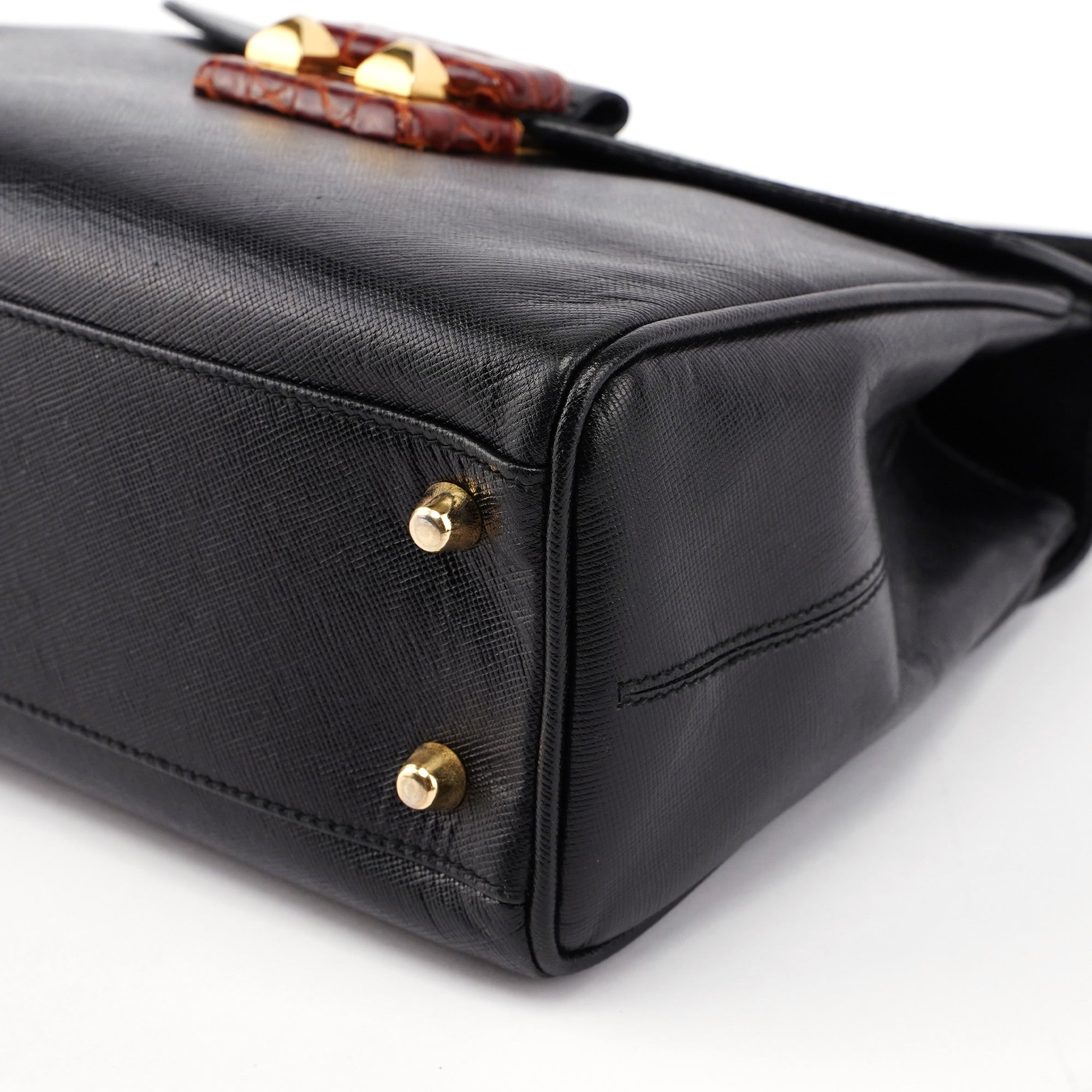 Black Saffiano Croc Embossed Top Handle Bag