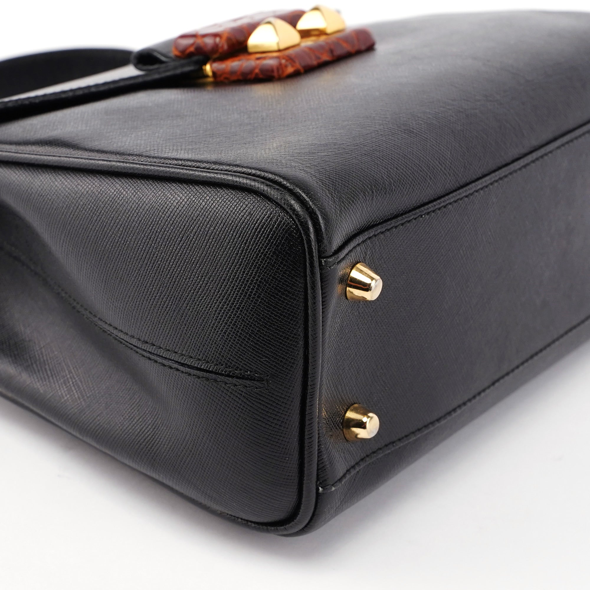 Black Saffiano Croc Embossed Top Handle Bag
