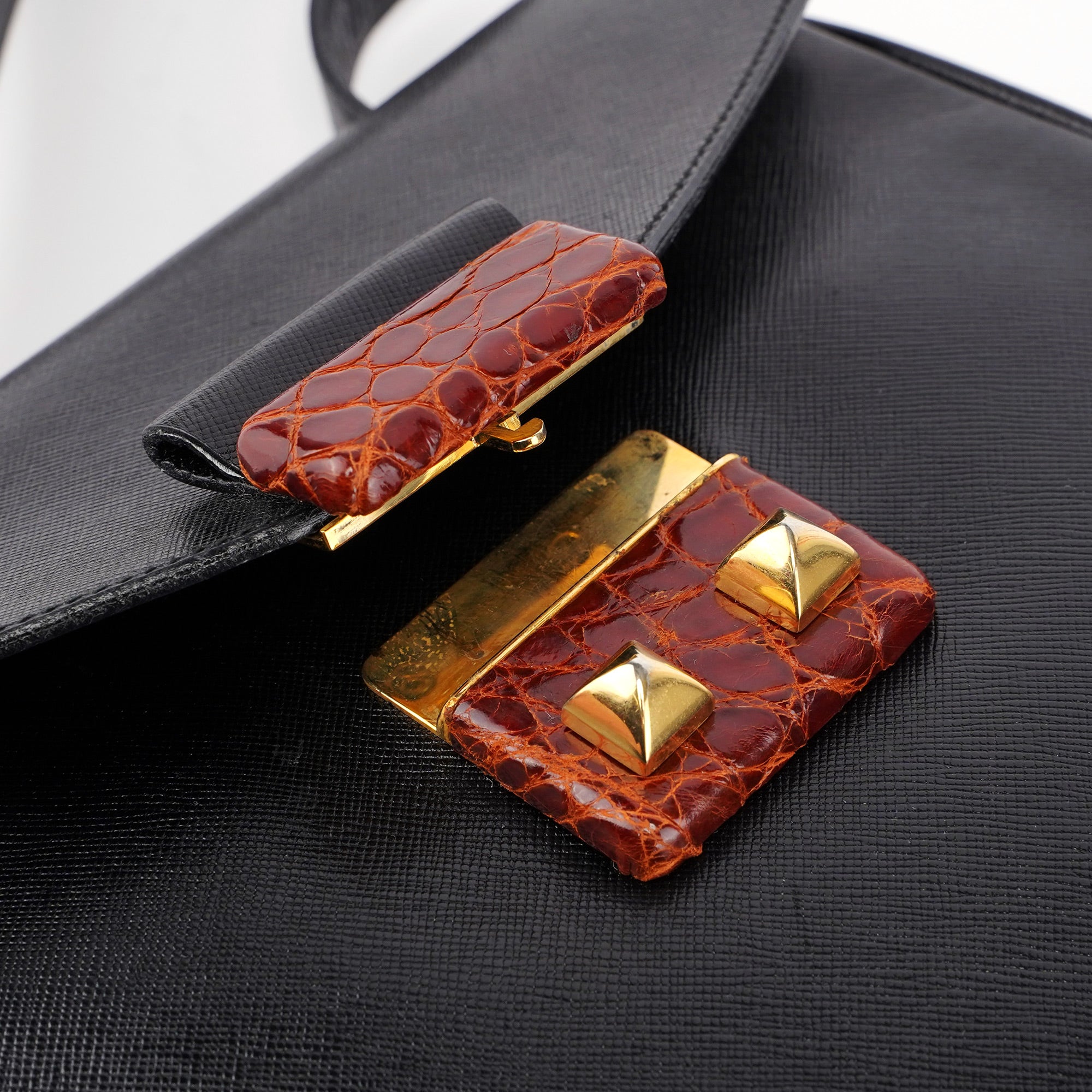 Black Saffiano Croc Embossed Top Handle Bag