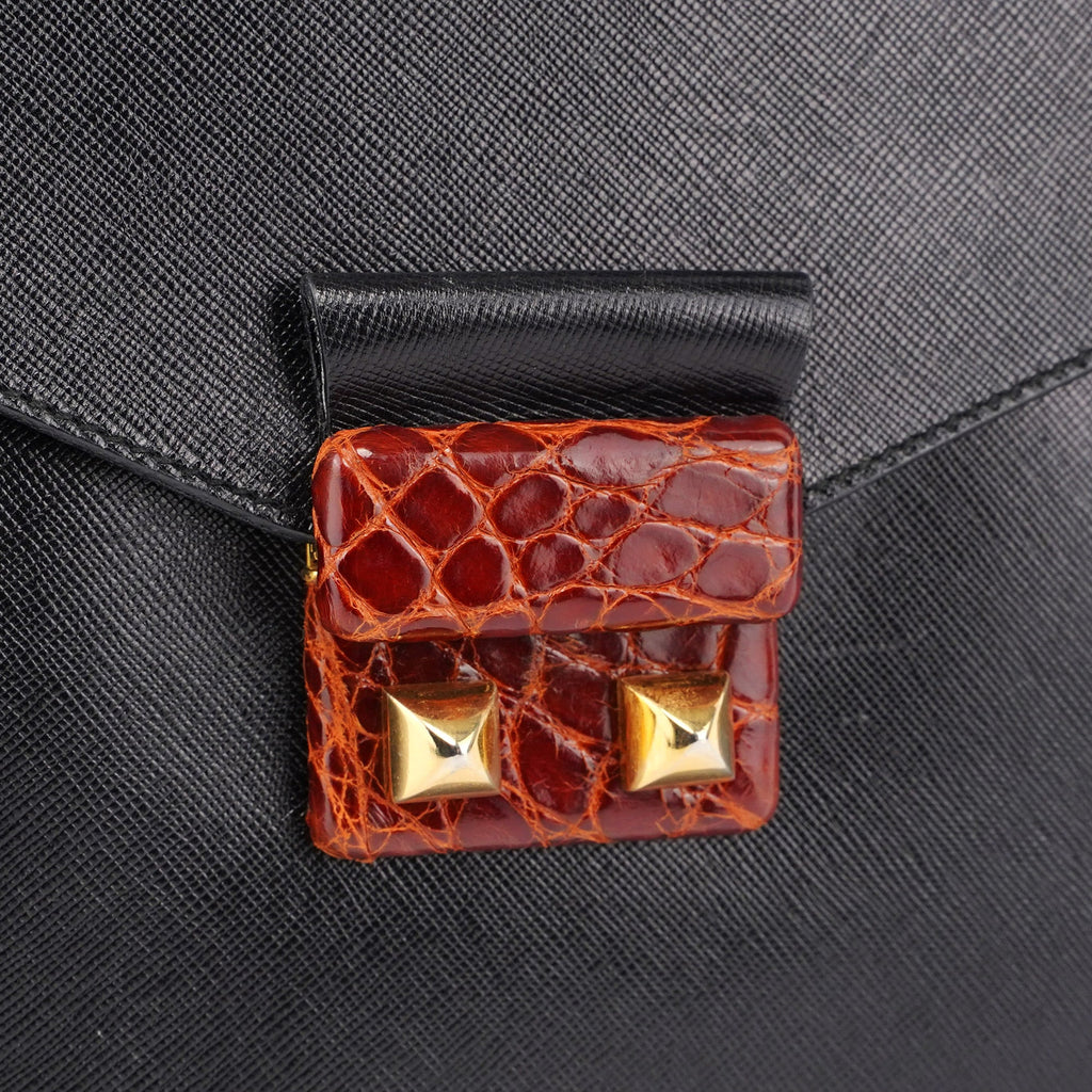 Black Saffiano Croc Embossed Top Handle Bag