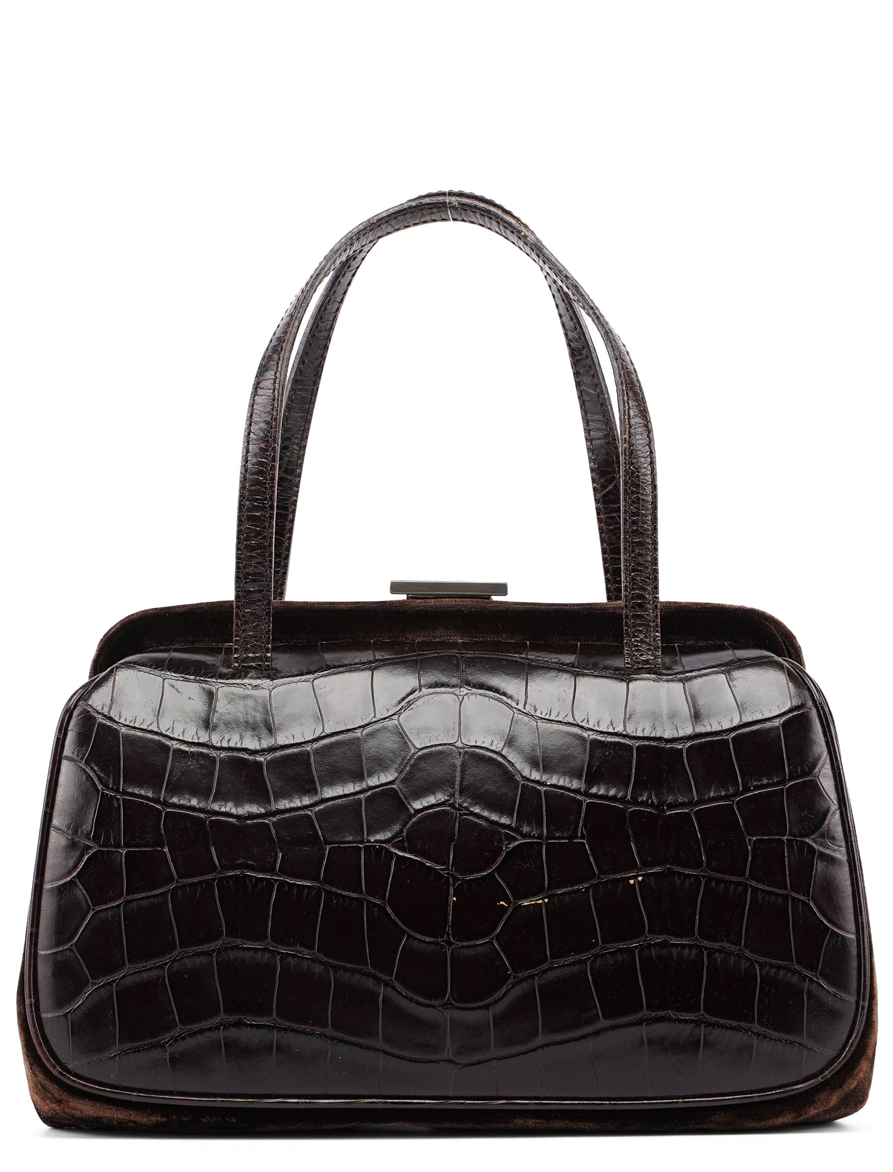 Brown Croc Embossed Clutch Top Handle Bag