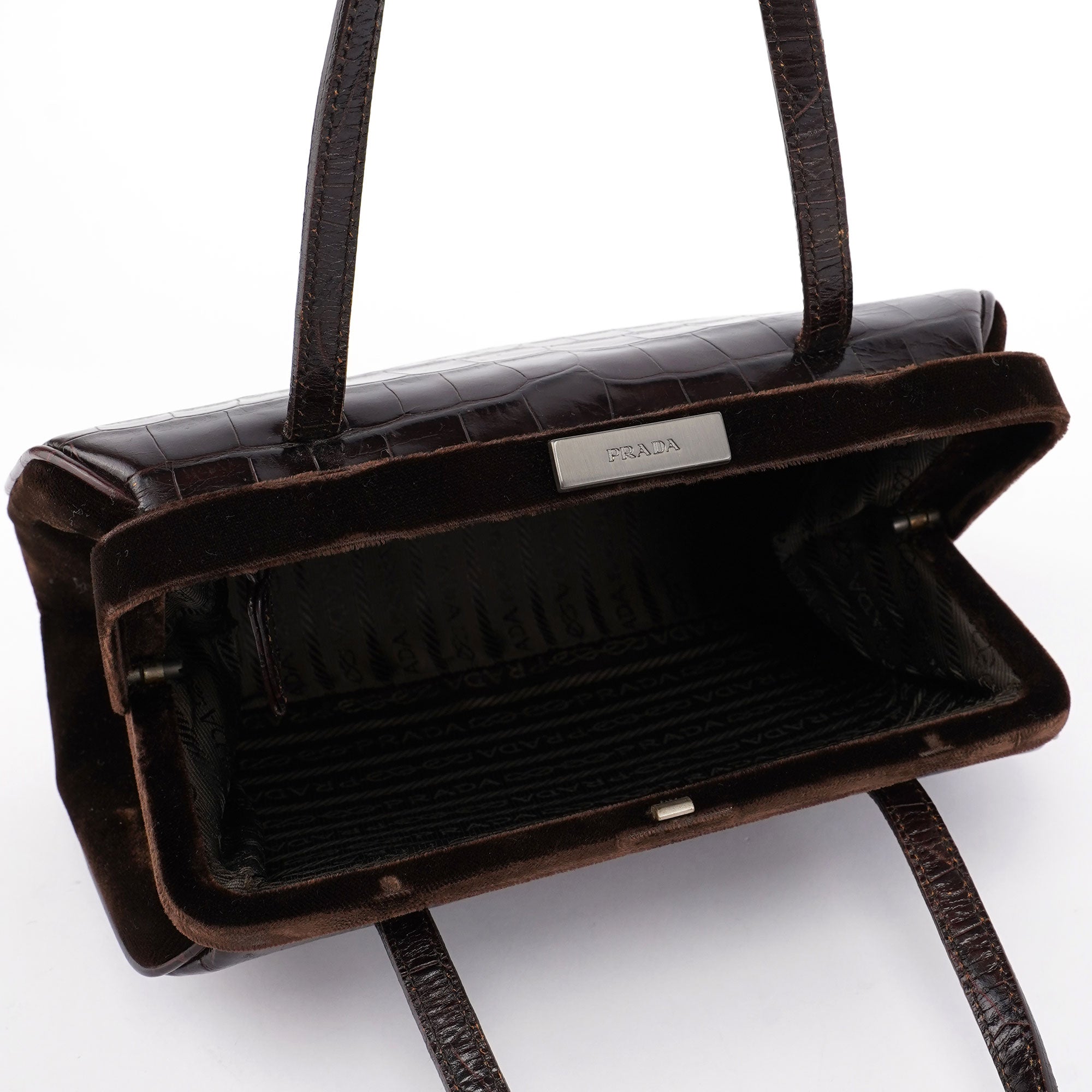 Brown Croc Embossed Clutch Top Handle Bag