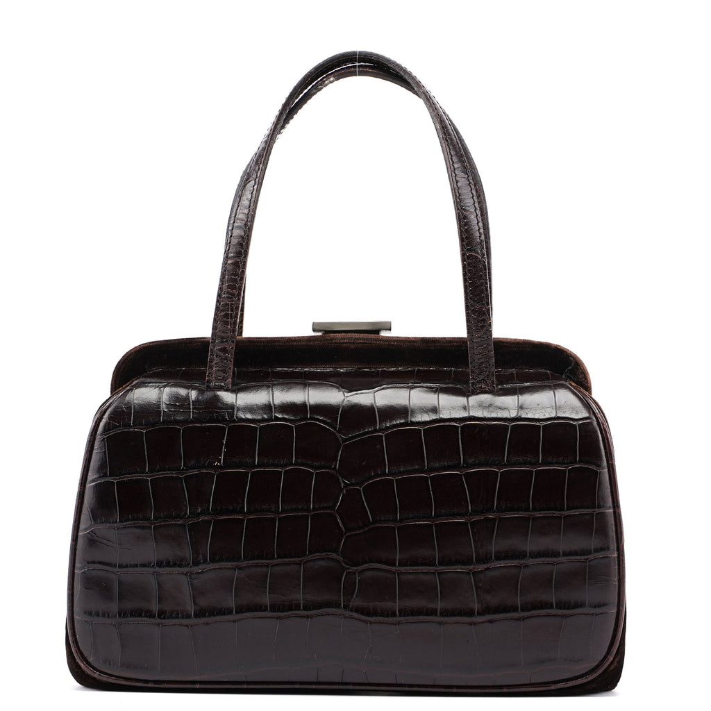 Brown Croc Embossed Clutch Top Handle Bag