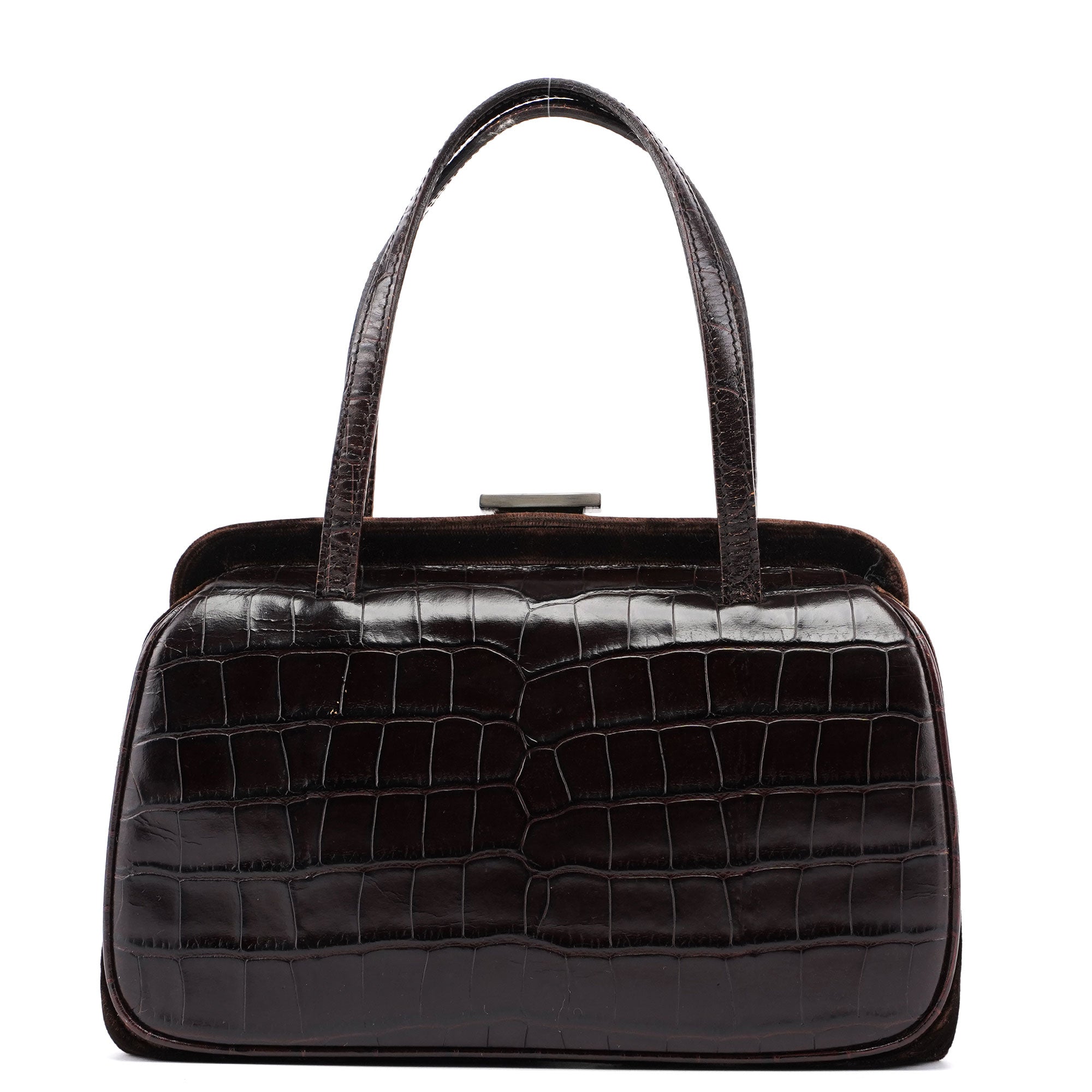 Brown Croc Embossed Clutch Top Handle Bag