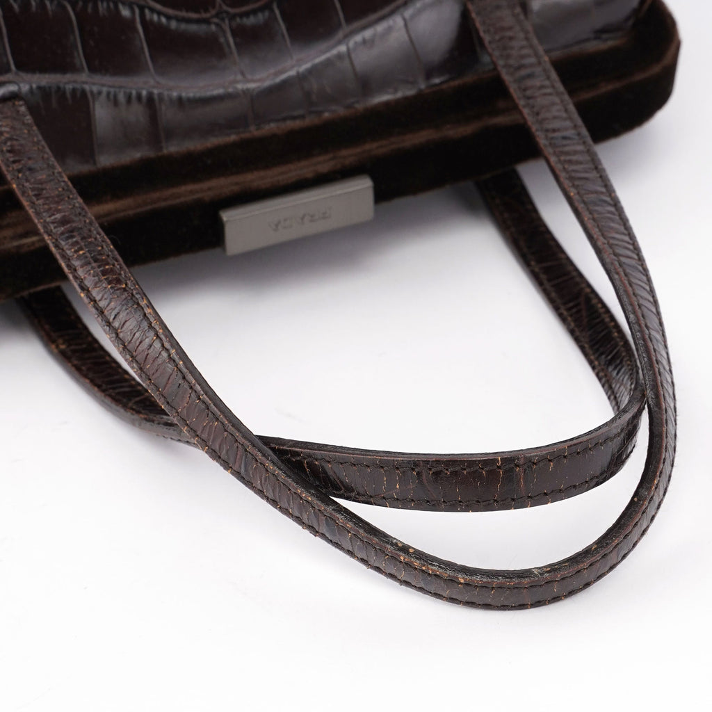 Brown Croc Embossed Clutch Top Handle Bag