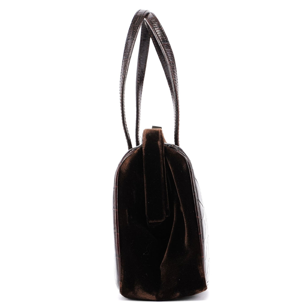 Brown Croc Embossed Clutch Top Handle Bag