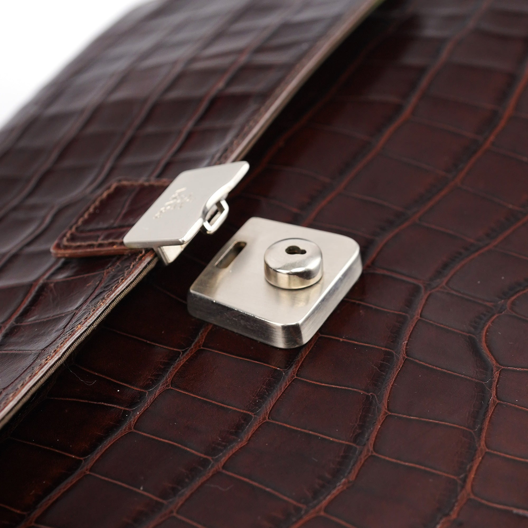 Brown Croc Embossed Leather Keylock Bag