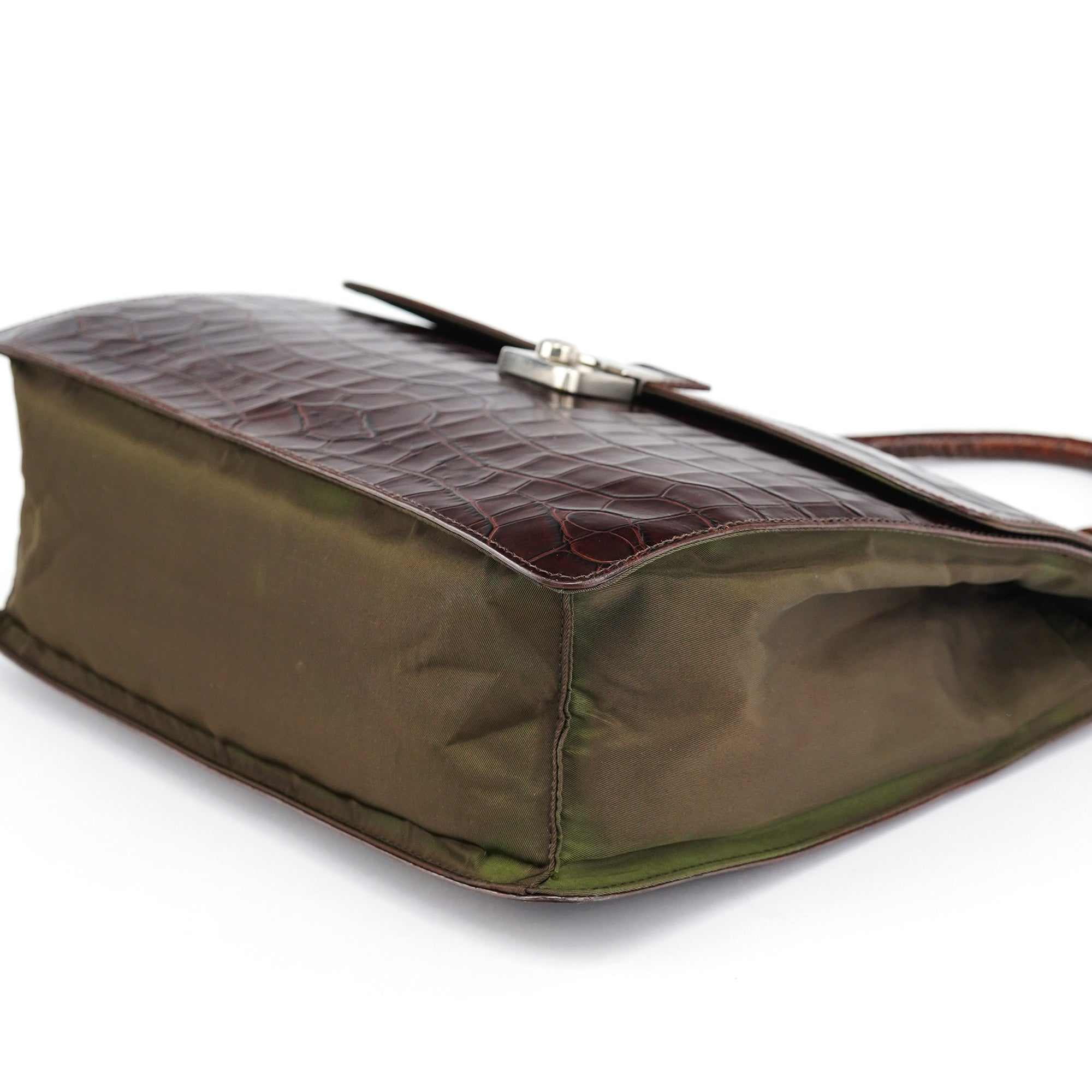 Brown Croc Embossed Leather Keylock Bag