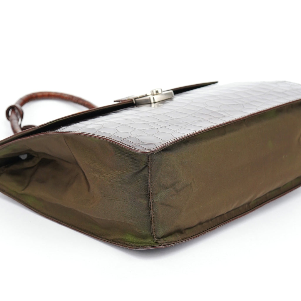 Brown Croc Embossed Leather Keylock Bag