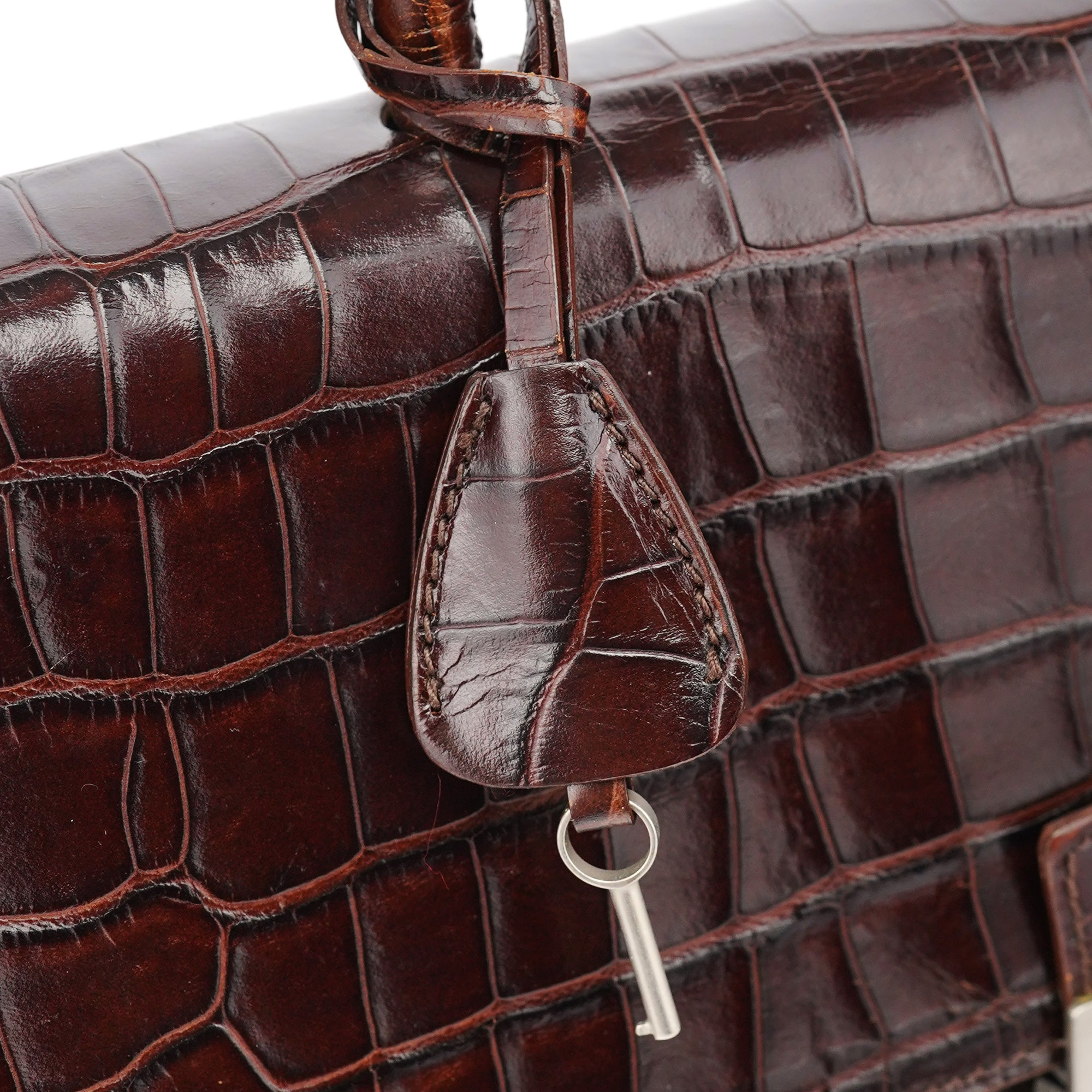 Brown Croc Embossed Leather Keylock Bag