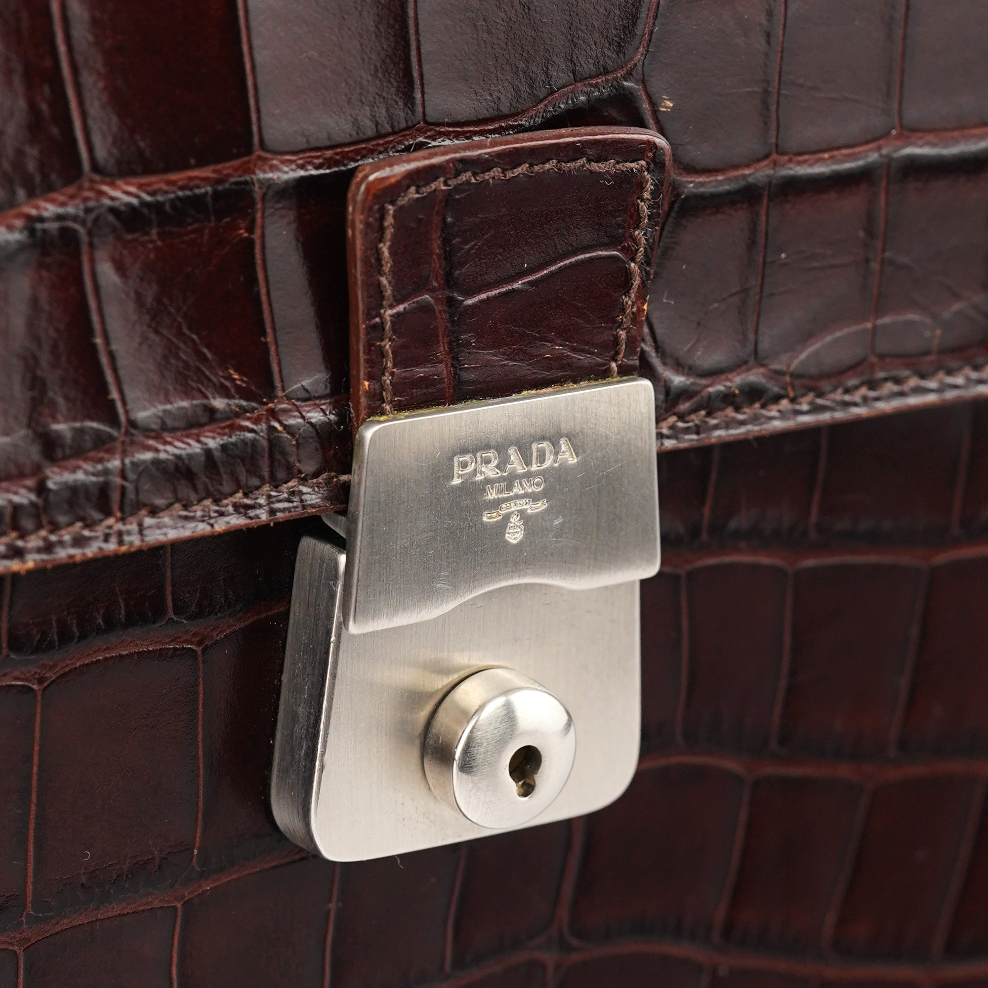 Brown Croc Embossed Leather Keylock Bag