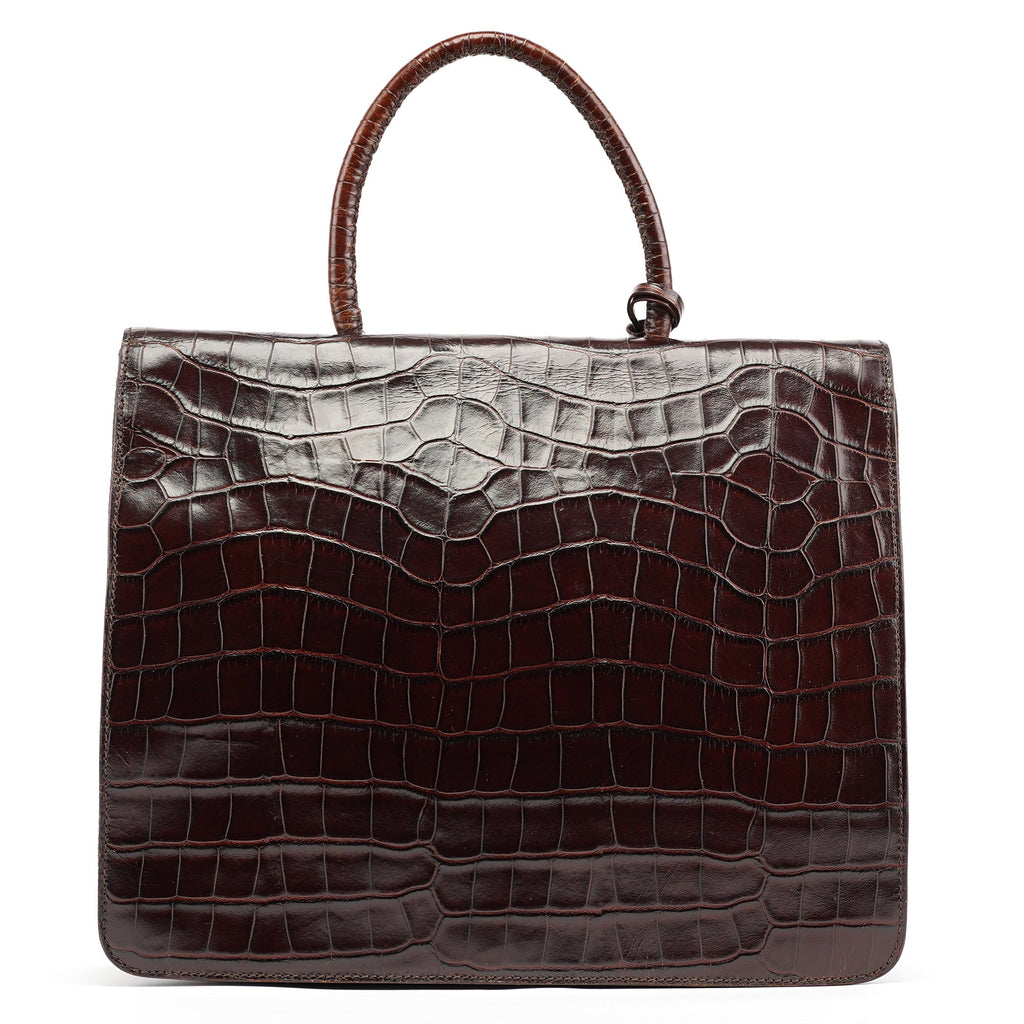 Brown Croc Embossed Leather Keylock Bag