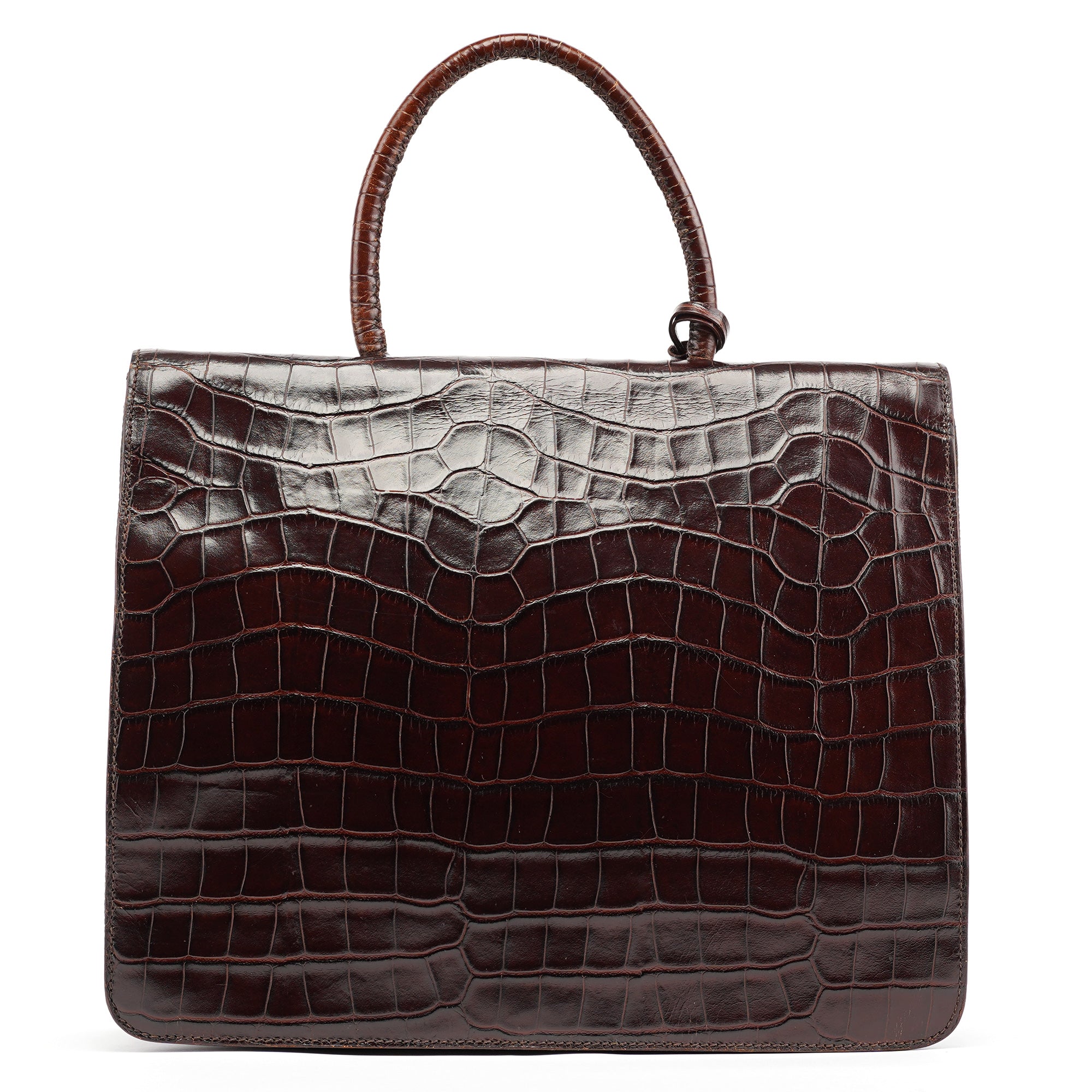 Brown Croc Embossed Leather Keylock Bag