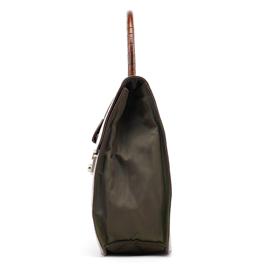 Brown Croc Embossed Leather Keylock Bag