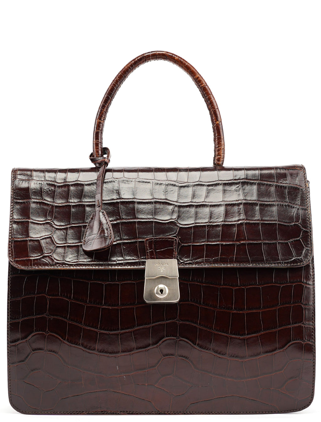 Brown Croc Embossed Leather Keylock Bag