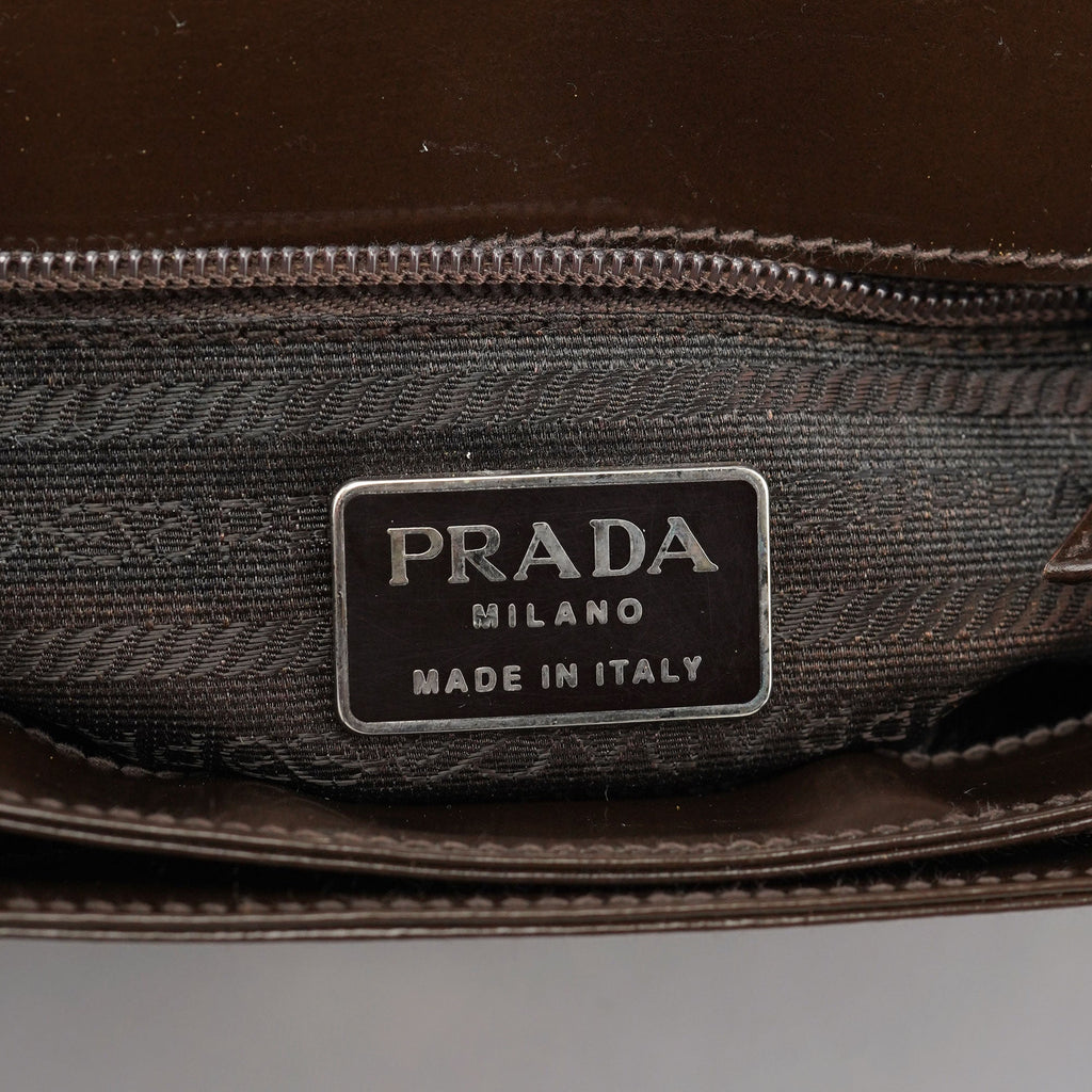 Brown Patent Leather Embossed Chain Shoulder Bag