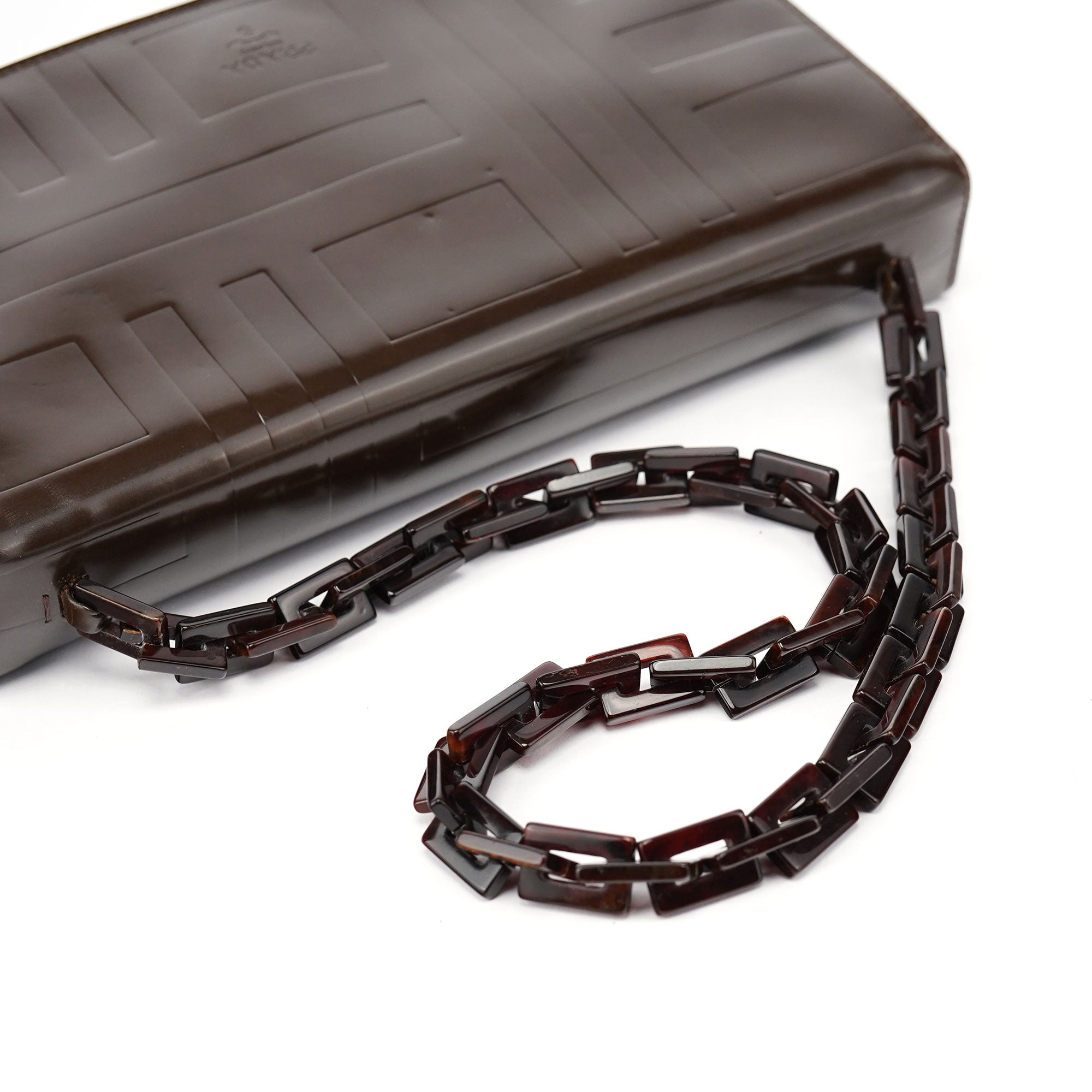 Brown Patent Leather Embossed Chain Shoulder Bag