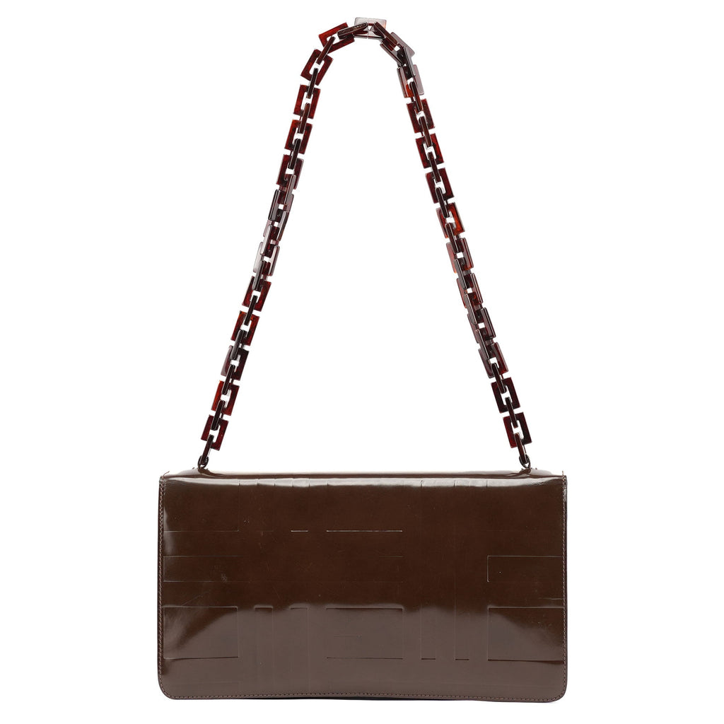 Brown Patent Leather Embossed Chain Shoulder Bag