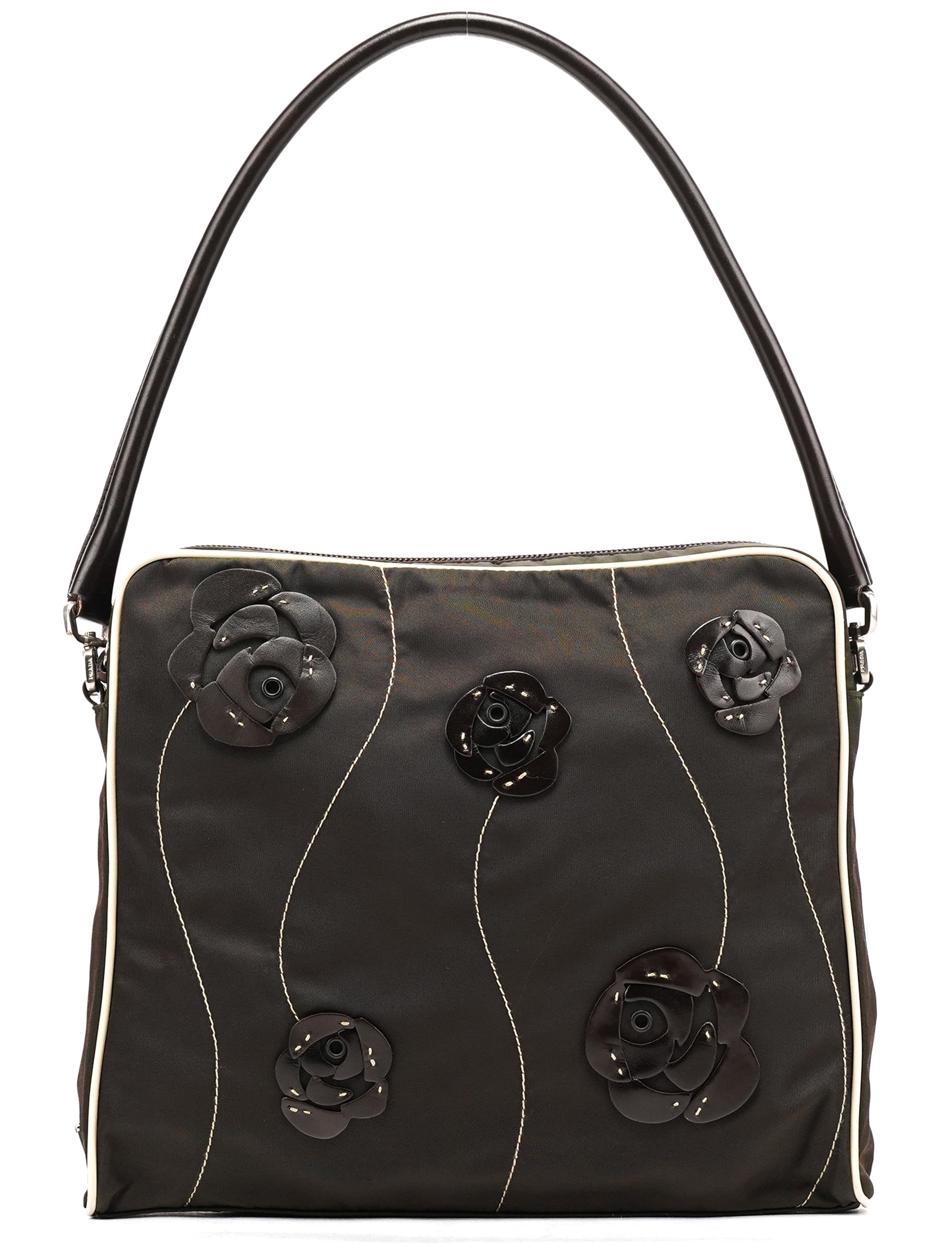 Brown Tessuto Floral Appliqué Shoulder Bag