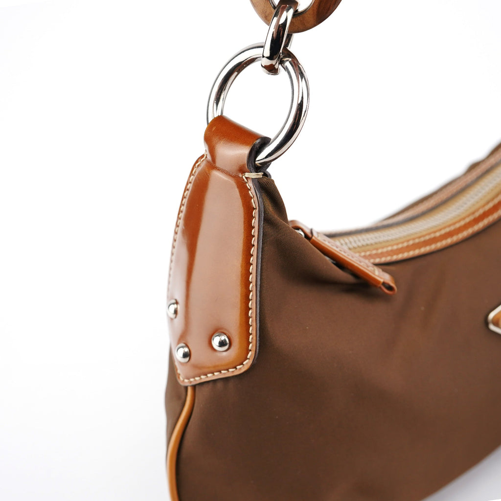 Brown Tessuto Nylon Wood Link Shoulder Bag