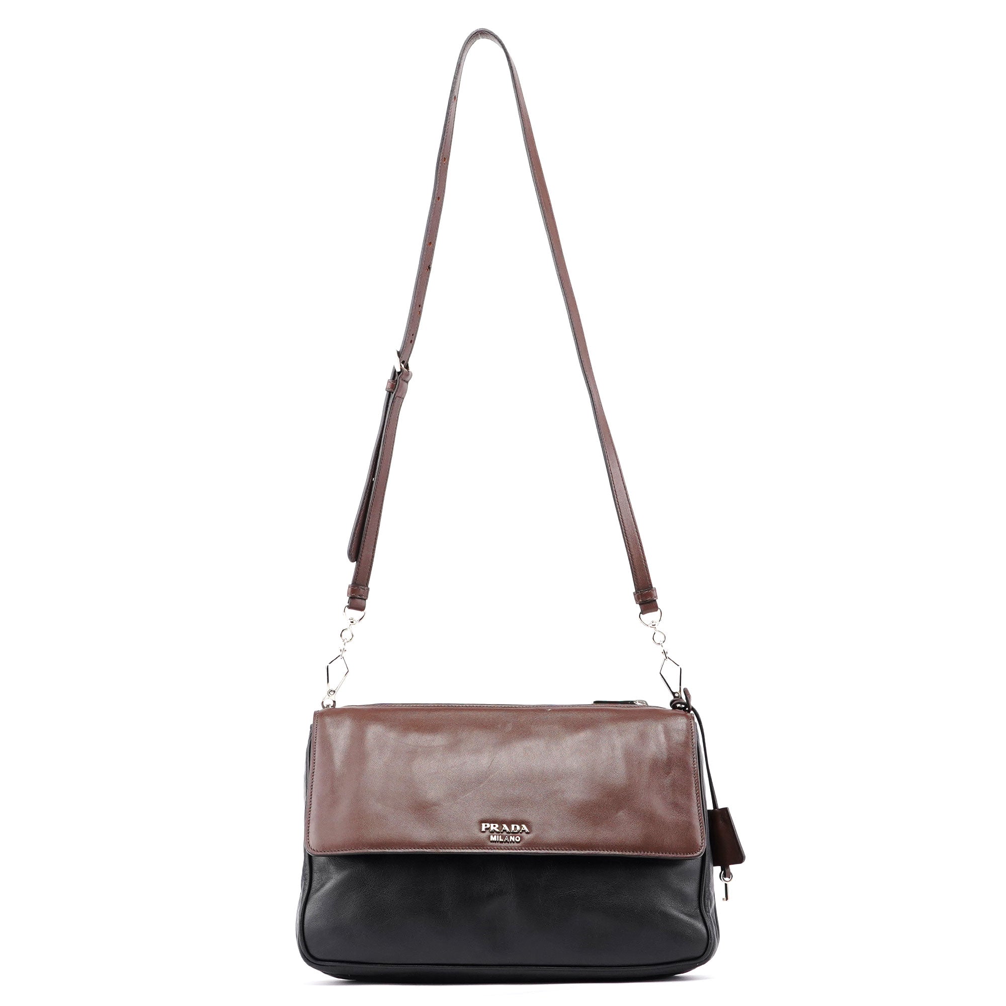BT0942 Brown Black Calfskin Leather Crossbody Bag