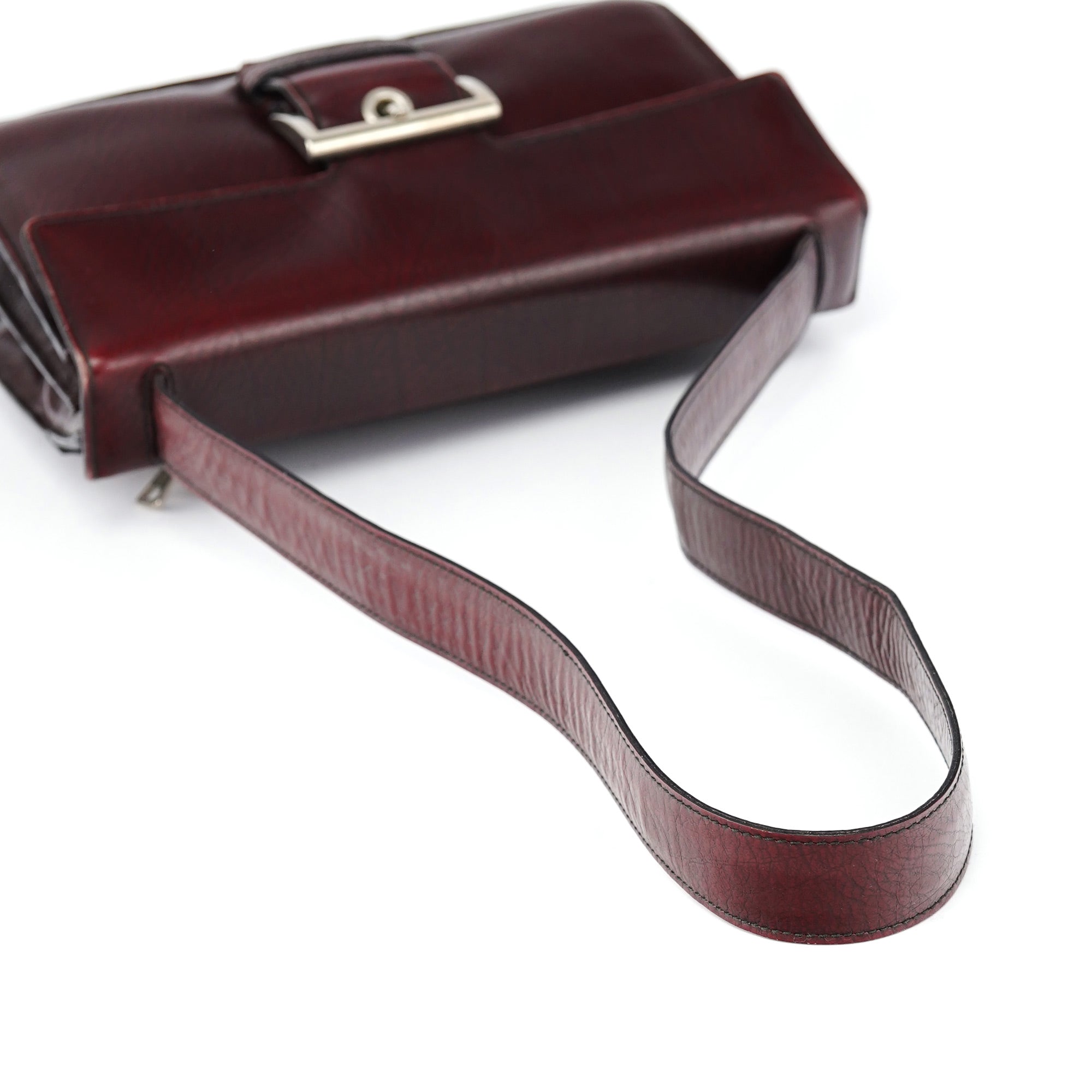 Burgundy Llama Leather Buckle Shoulder Bag