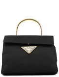 Navy Gold Tessuto Metal Top Handle Bag