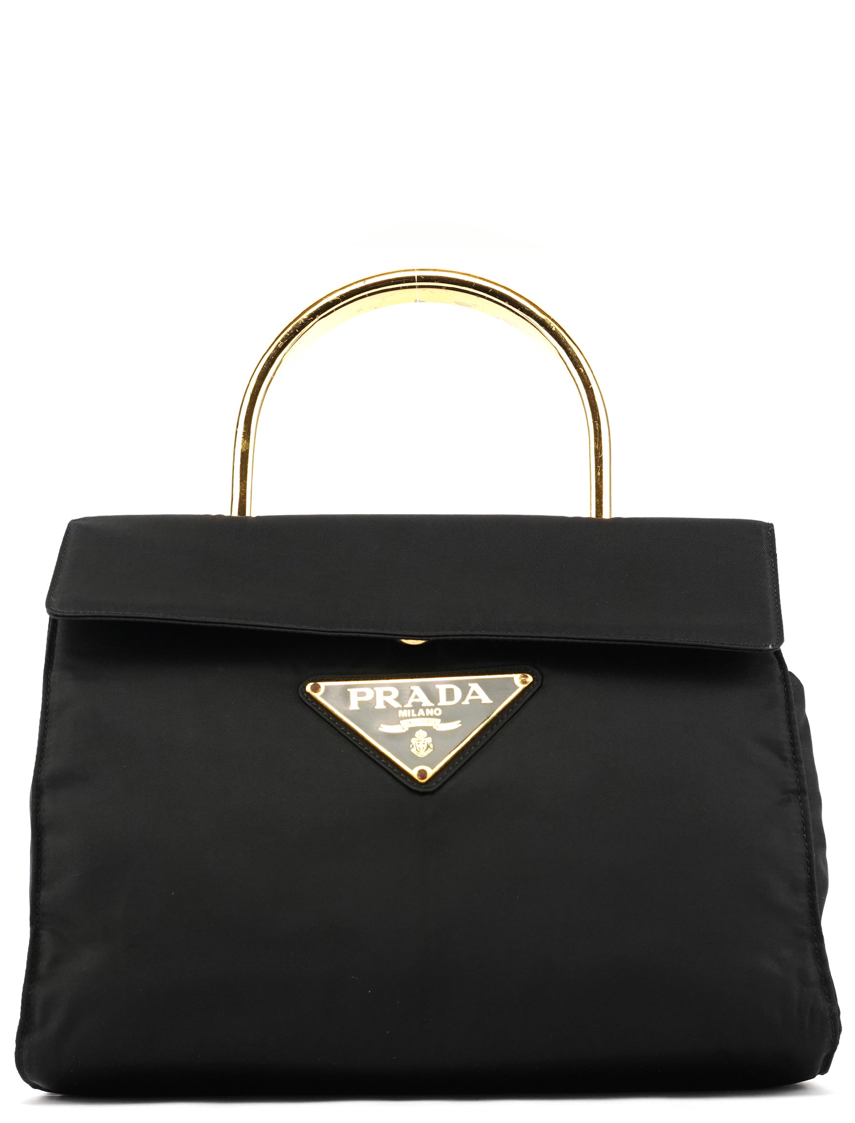 Navy Gold Tessuto Metal Top Handle Bag