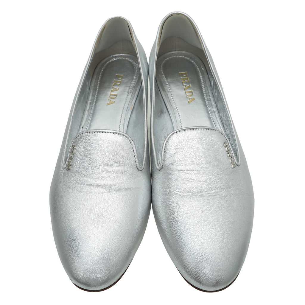 Prada Silver Metallic Ladies Loafer 38