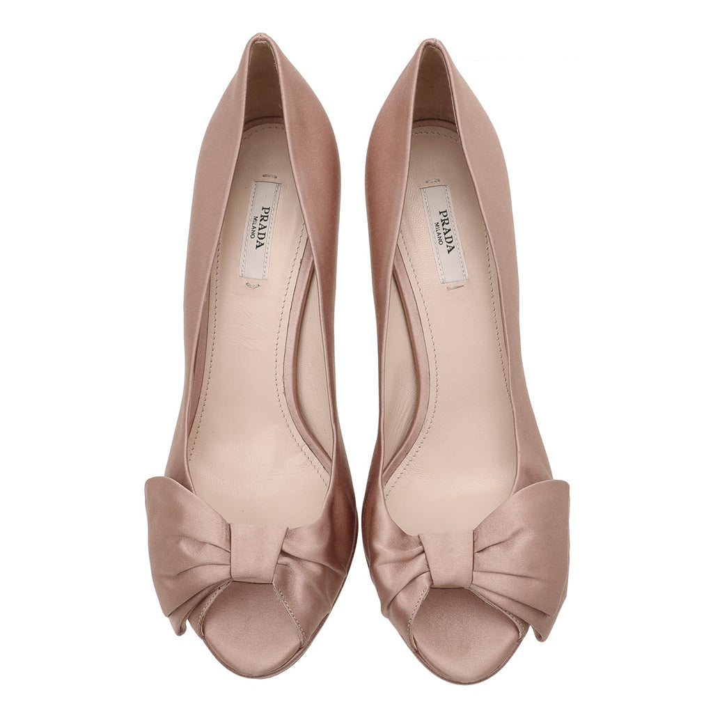 Prada Metallic Nude Peach Satin Bow Detail Peep Toe Platform 130MM Pumps 40