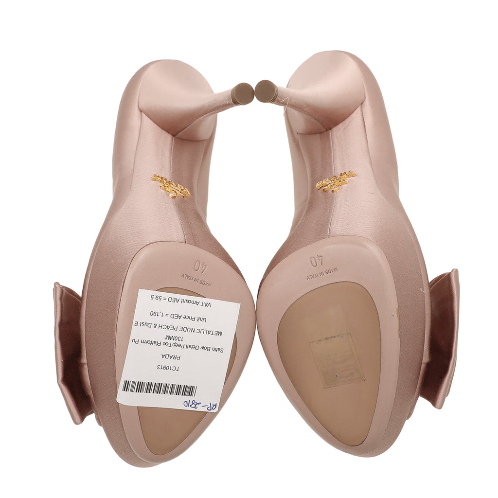 Prada Metallic Nude Peach Satin Bow Detail Peep Toe Platform 130MM Pumps 40
