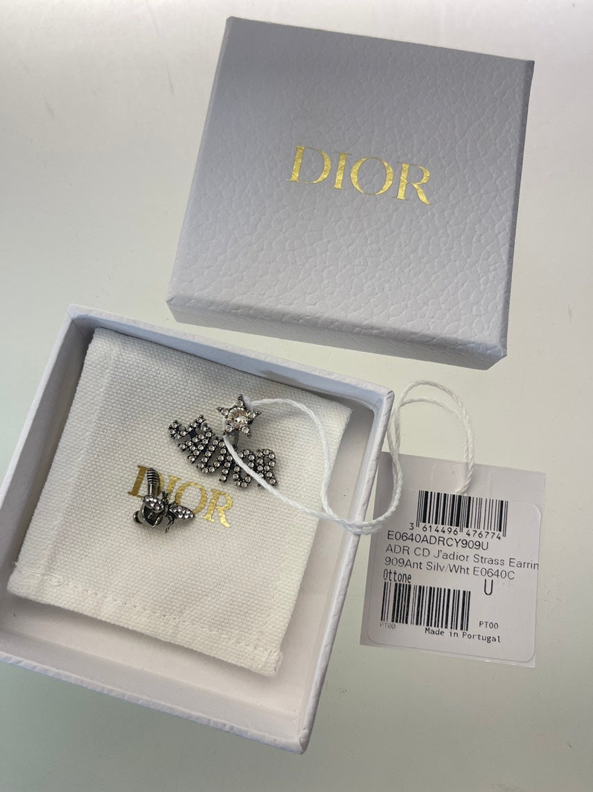 Dior J'adior Earrings In Antique Silver-Finish Metal With White Crystals