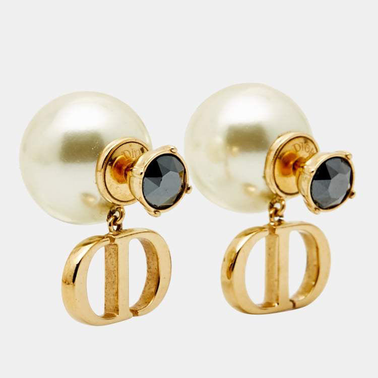 Dior Tribales CD Crystals Faux Pearl Gold Tone Metal Earrings
