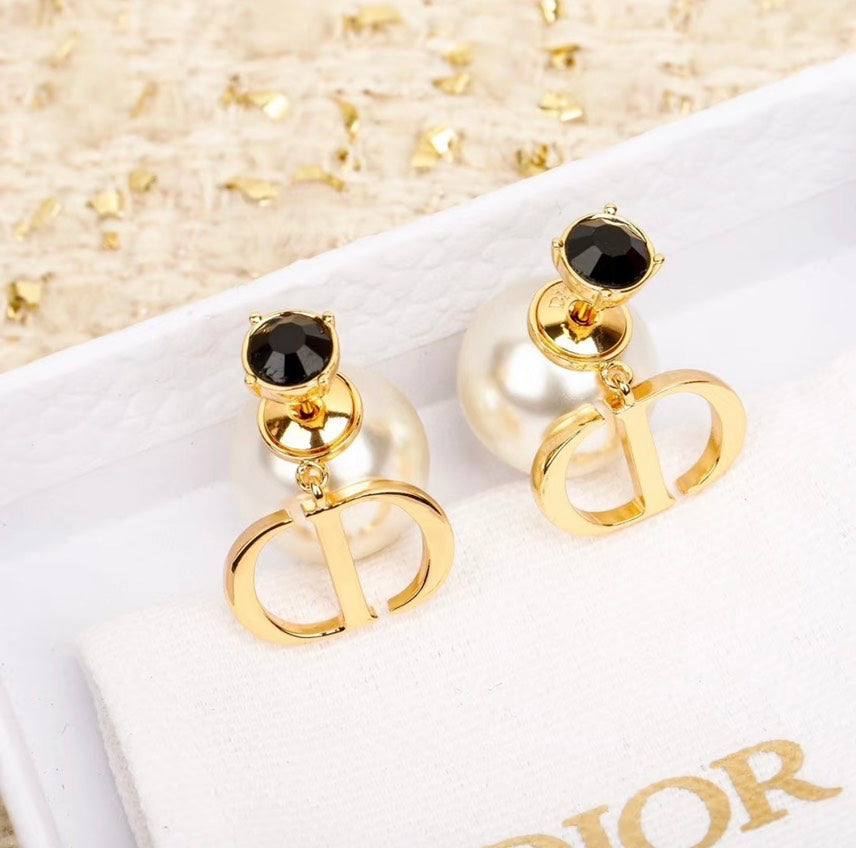 Dior Tribales CD Crystals Faux Pearl Gold Tone Metal Earrings