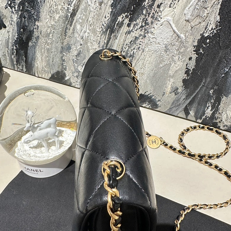 chanel 24s small black and gold coin chain microchipped 13144