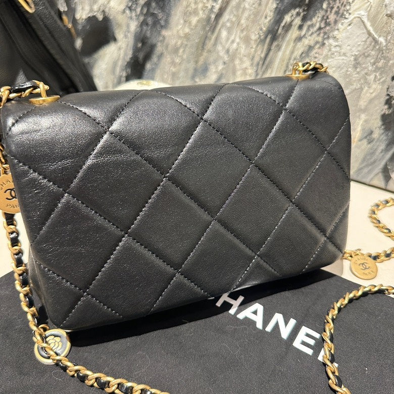 chanel 24s small black and gold coin chain microchipped 13144