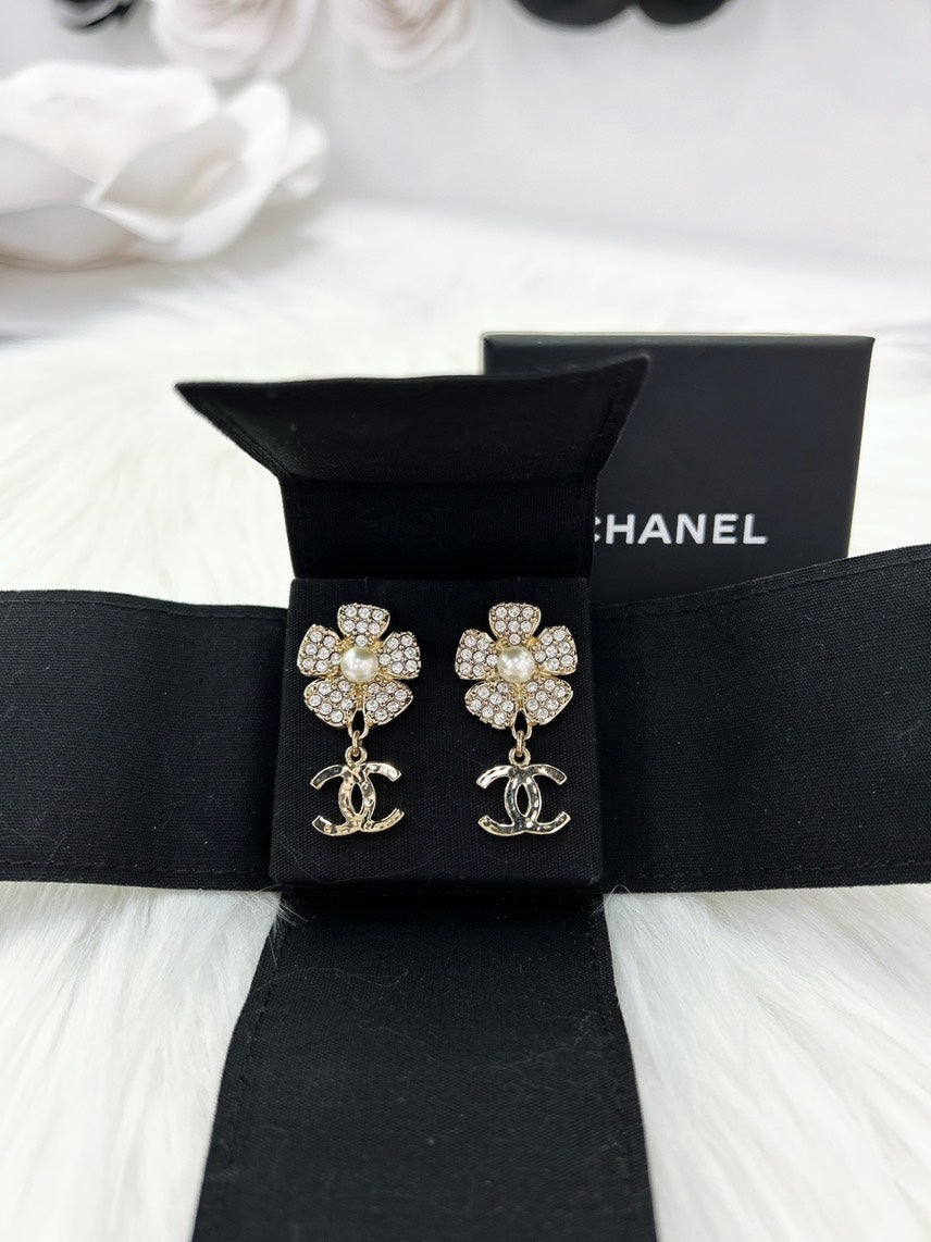 Chanel classic floral collection camellia pearl rhinestone metal earrings