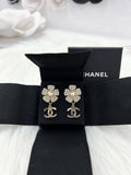 Chanel classic floral collection camellia pearl rhinestone metal earrings