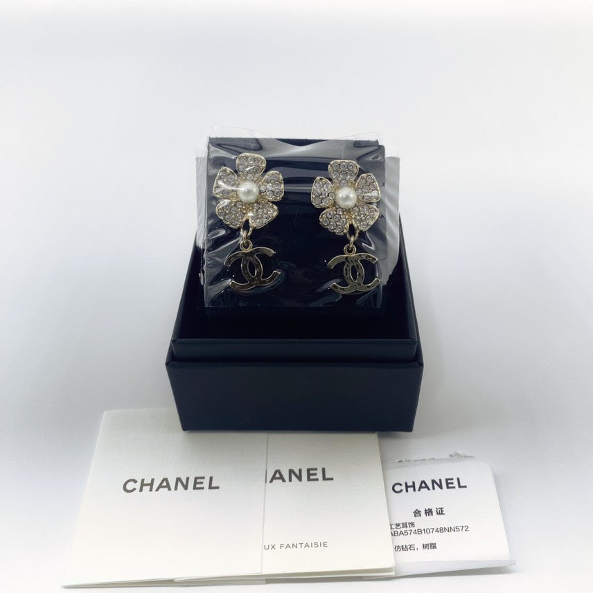 Chanel classic floral collection camellia pearl rhinestone metal earrings