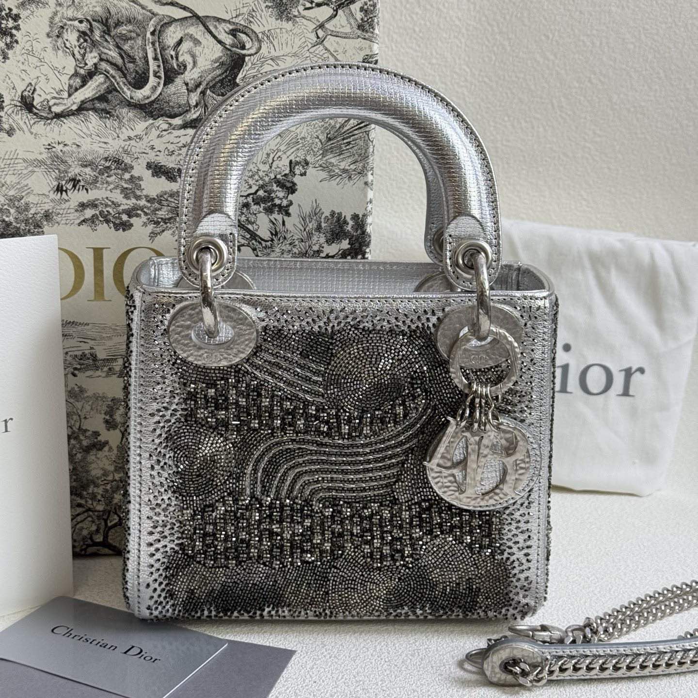 99%New🆕 Dior Lady Dior Metalic Silver Embroidered art collection (2018) #16217