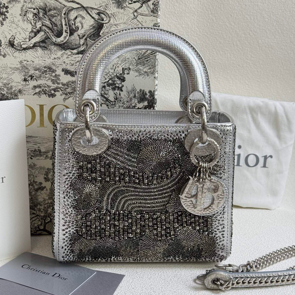 99%New🆕 Dior Lady Dior Metalic Silver Embroidered art collection (2018) #16217